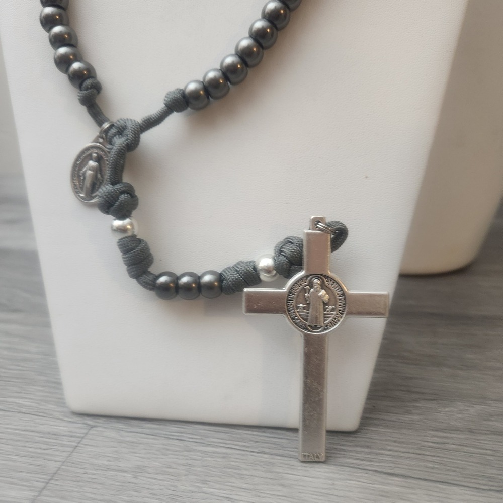 Rosary San Benito/Jesus Crist  Knotted Corded Beads Crucifix‎ Silver Catholic